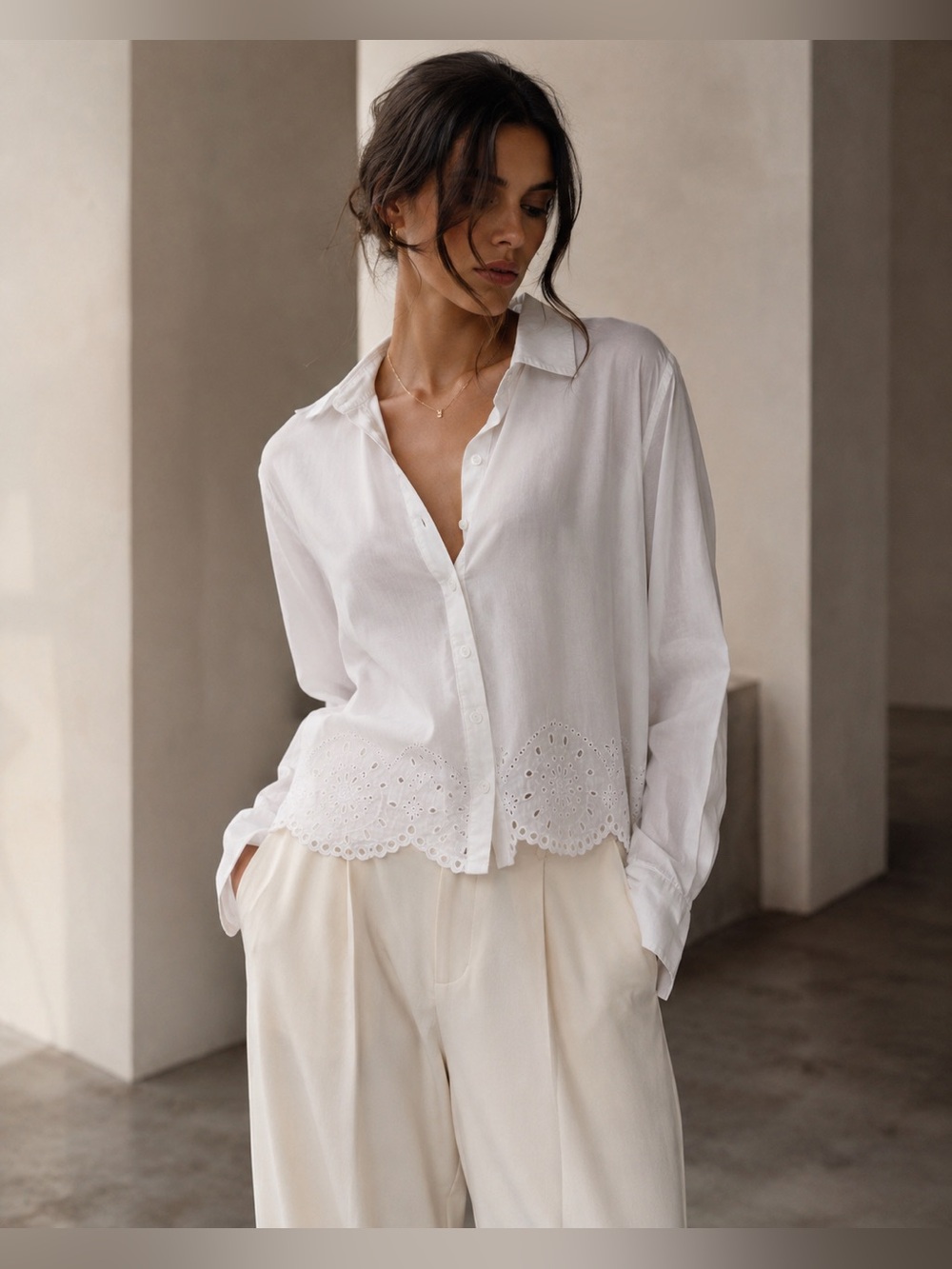 BeachLunchLounge White Eyelet Hem Button-Up Shirt Size L NWT